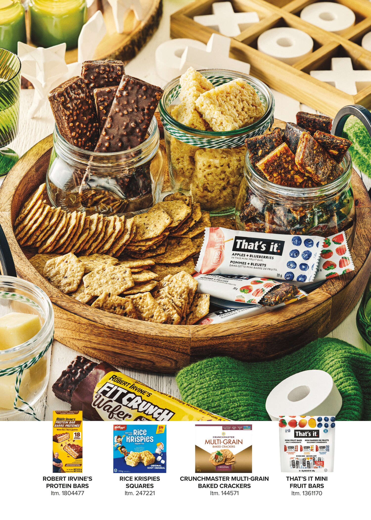 Ad for various snacks including crackers, cookies, and bars displayed on a table with board games, promoting a cozy gathering