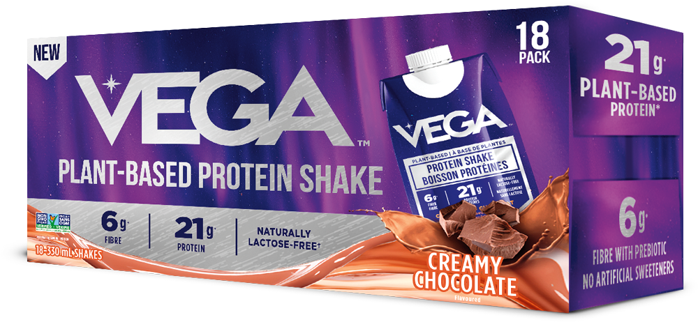 Publicité pour Vega, shake protéiné à base de plantes, arôme chocolat crémeux