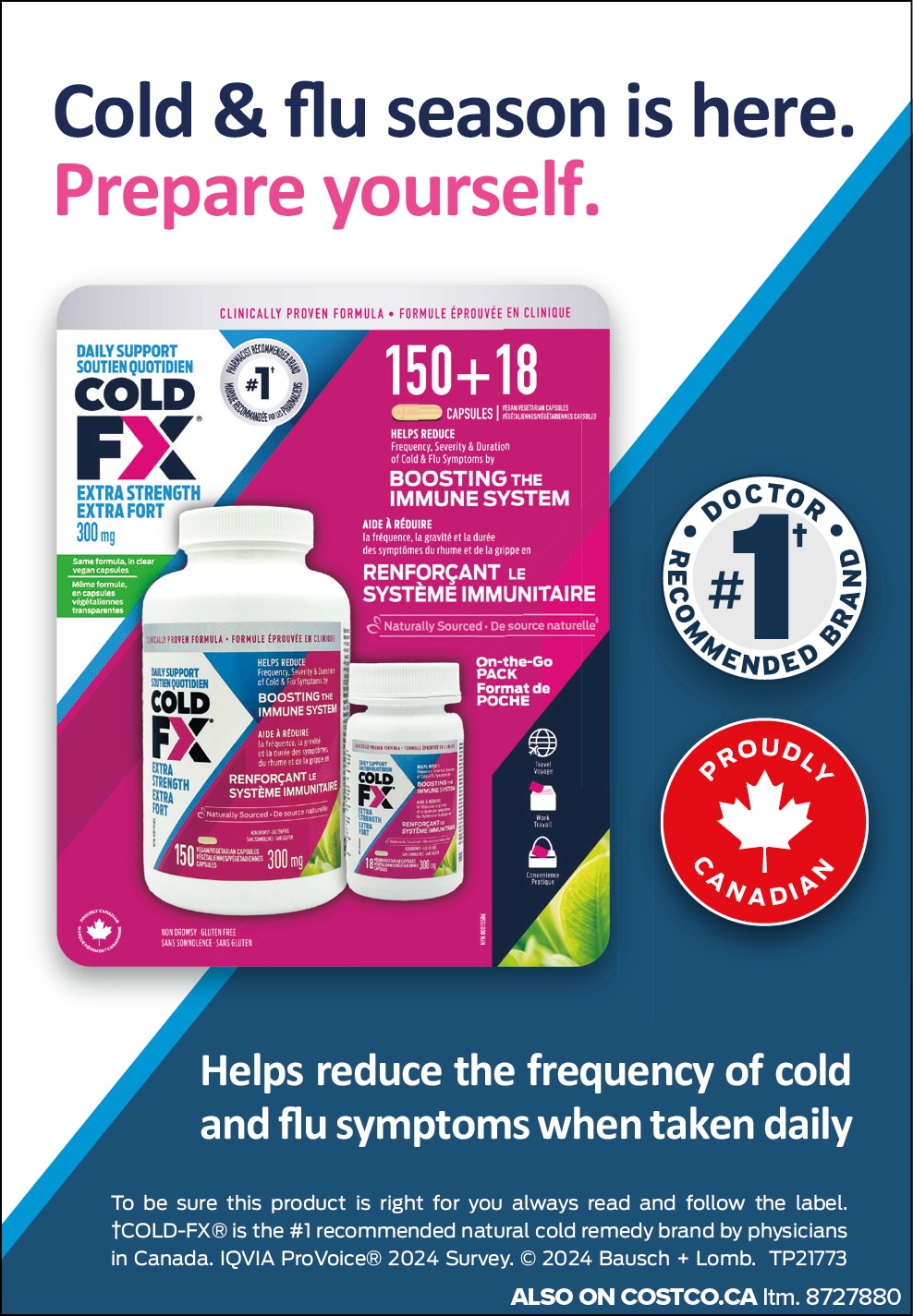 Ad for Cold-FX immune-boosting supplements, highlighting benefits and doctor recommendation