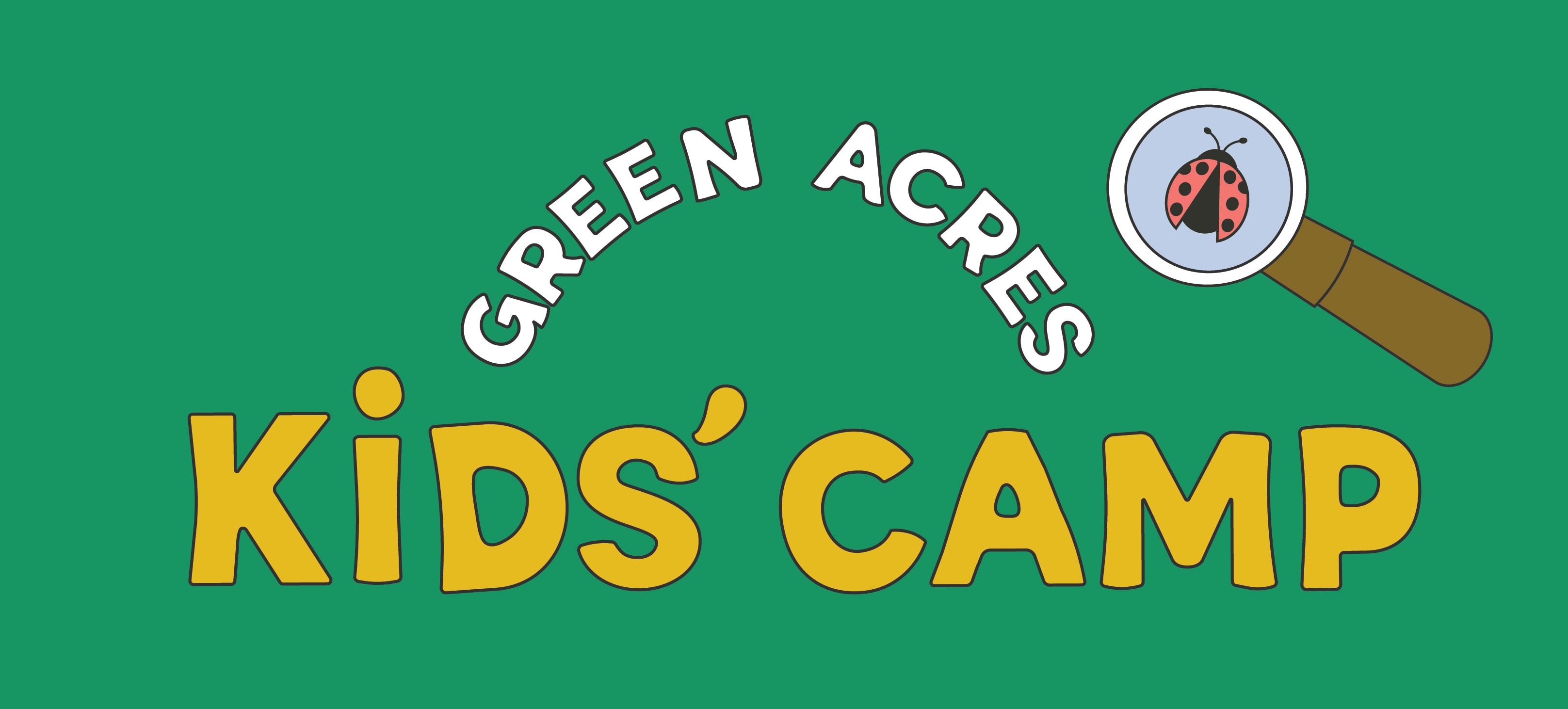 Logo for "Green Acres Kids' Camp" with a magnifying glass examining a ladybug on a green background