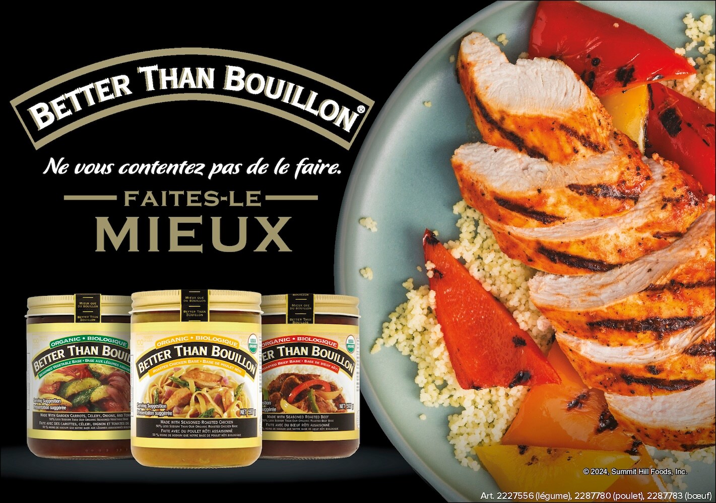 Ad for Better Than Bouillon with jars of product and a plated roasted chicken dish