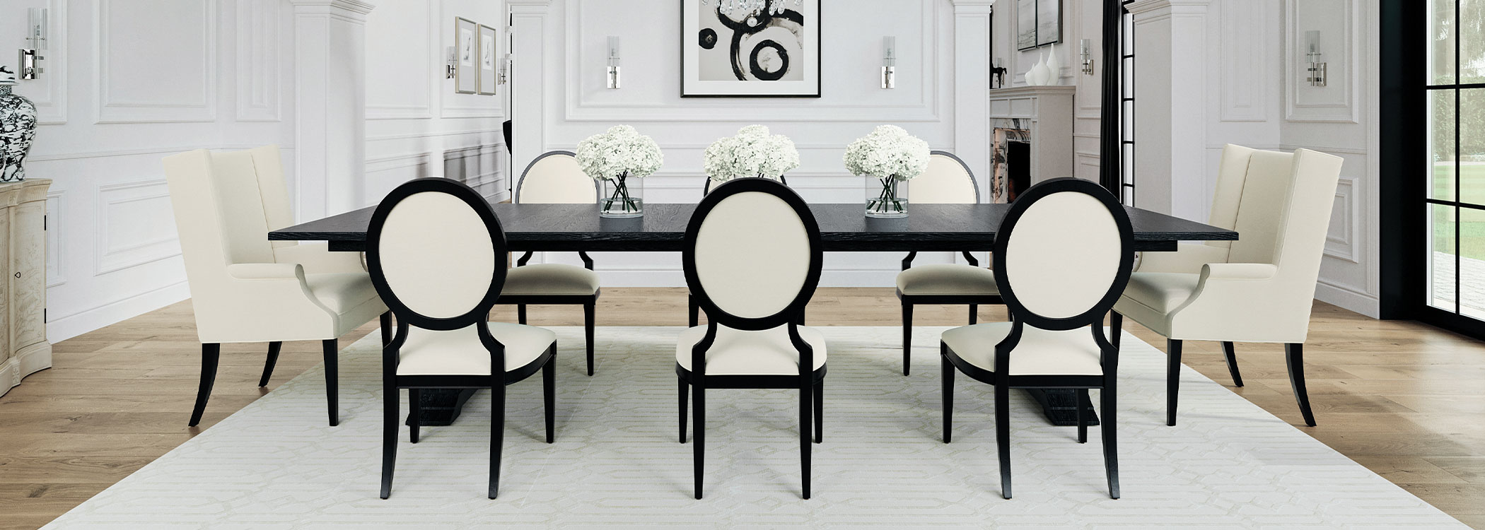 Elegant dining room with a long table and six chairs in a minimalist decor