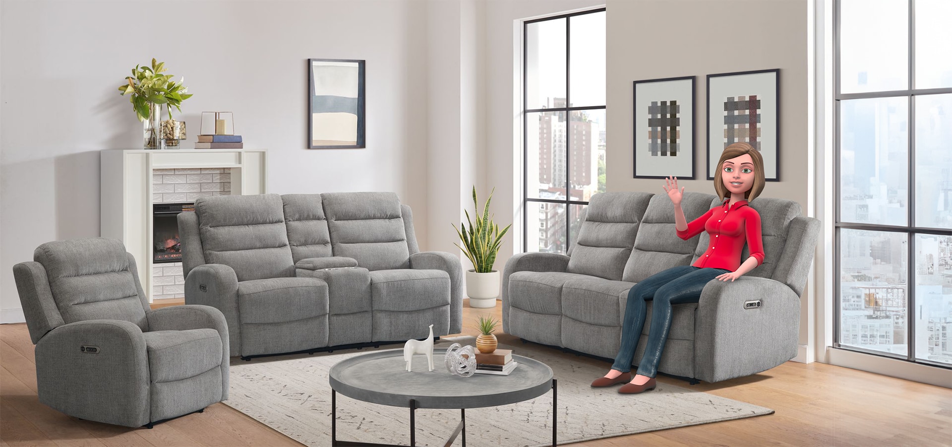 Man in red shirt sitting on a grey armchair in a modern living room setting