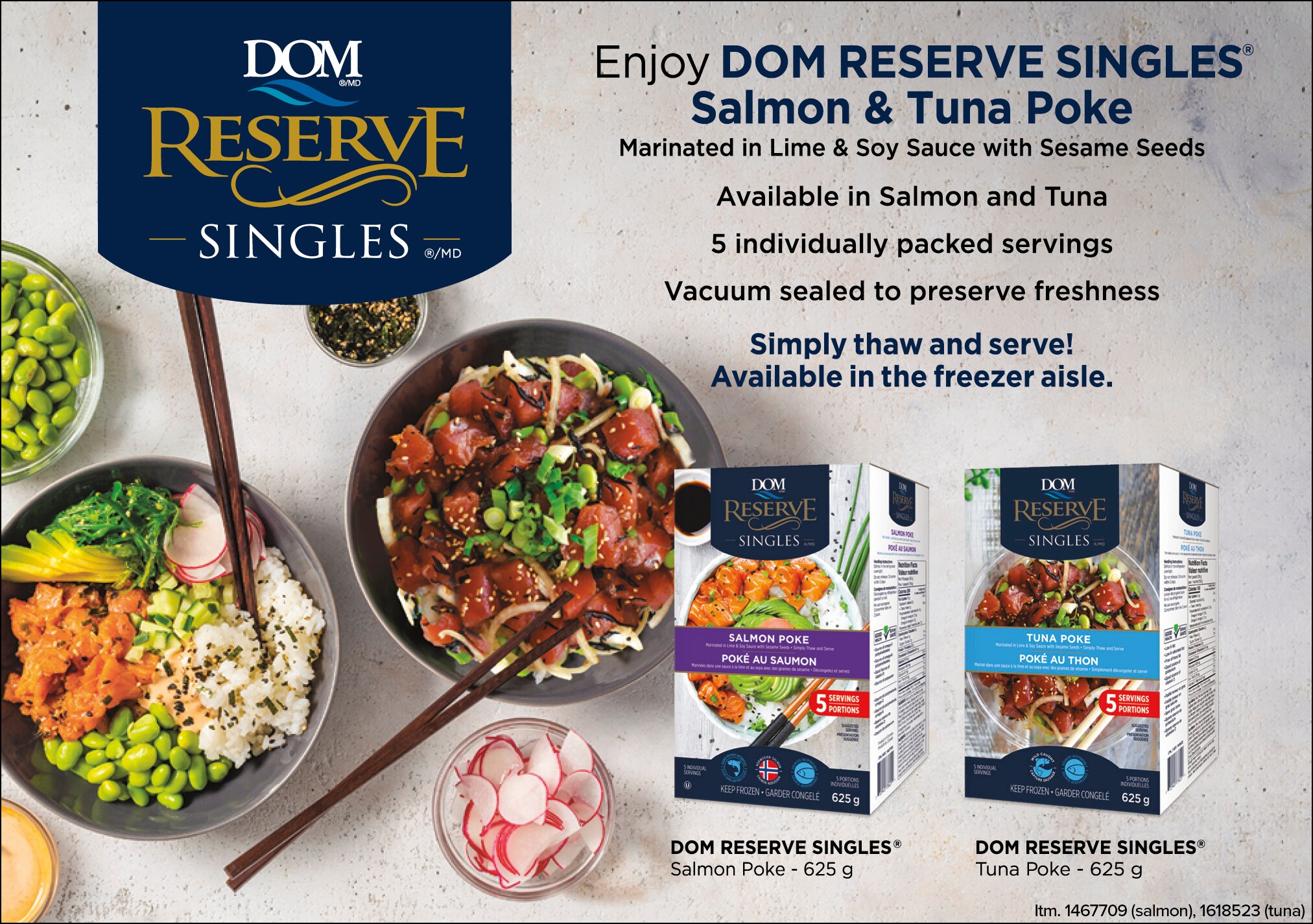 Ad for DOM RESERVE SINGLES Salmon & Tuna Poke, featuring packed meals and descriptive text