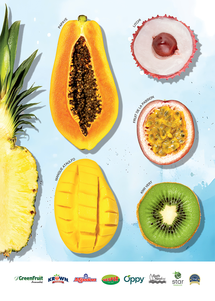 Publicité pour des fruits exotiques, avec images de papaye, lychee, fruit de la passion, mangue, et kiwi