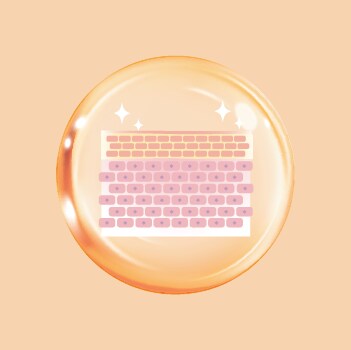 Shiny bubble with a blurred periodic table, glowing with a peach backdrop