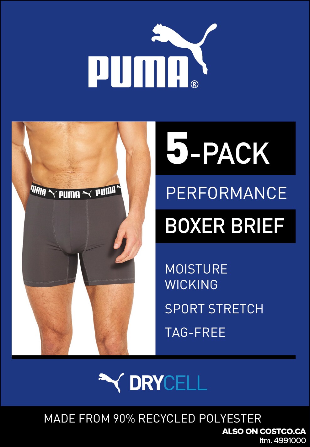 Ad for Puma 5-pack performance boxer briefs, moisture wicking, tag-free, made from recycled polyester. Available on Costco.ca