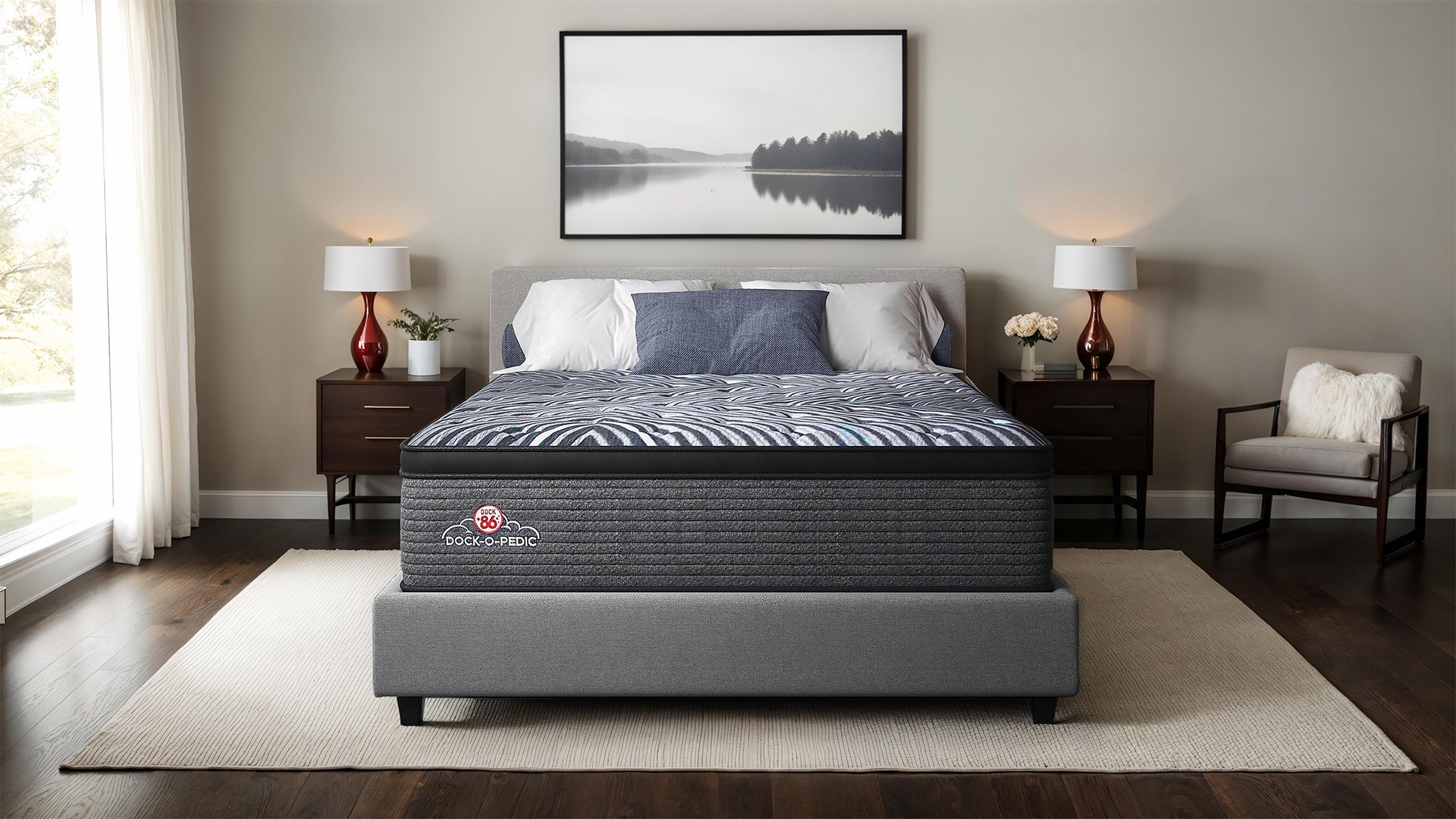 Neatly arranged bedroom with double bed, two side tables, and artwork above the bed