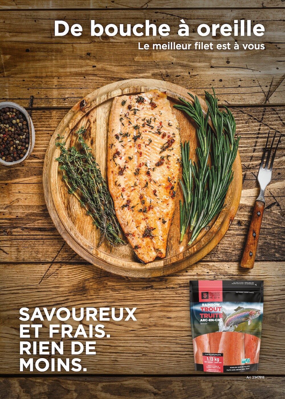 Ad for filet fish on wooden board, with herbs, and product packaging displayed