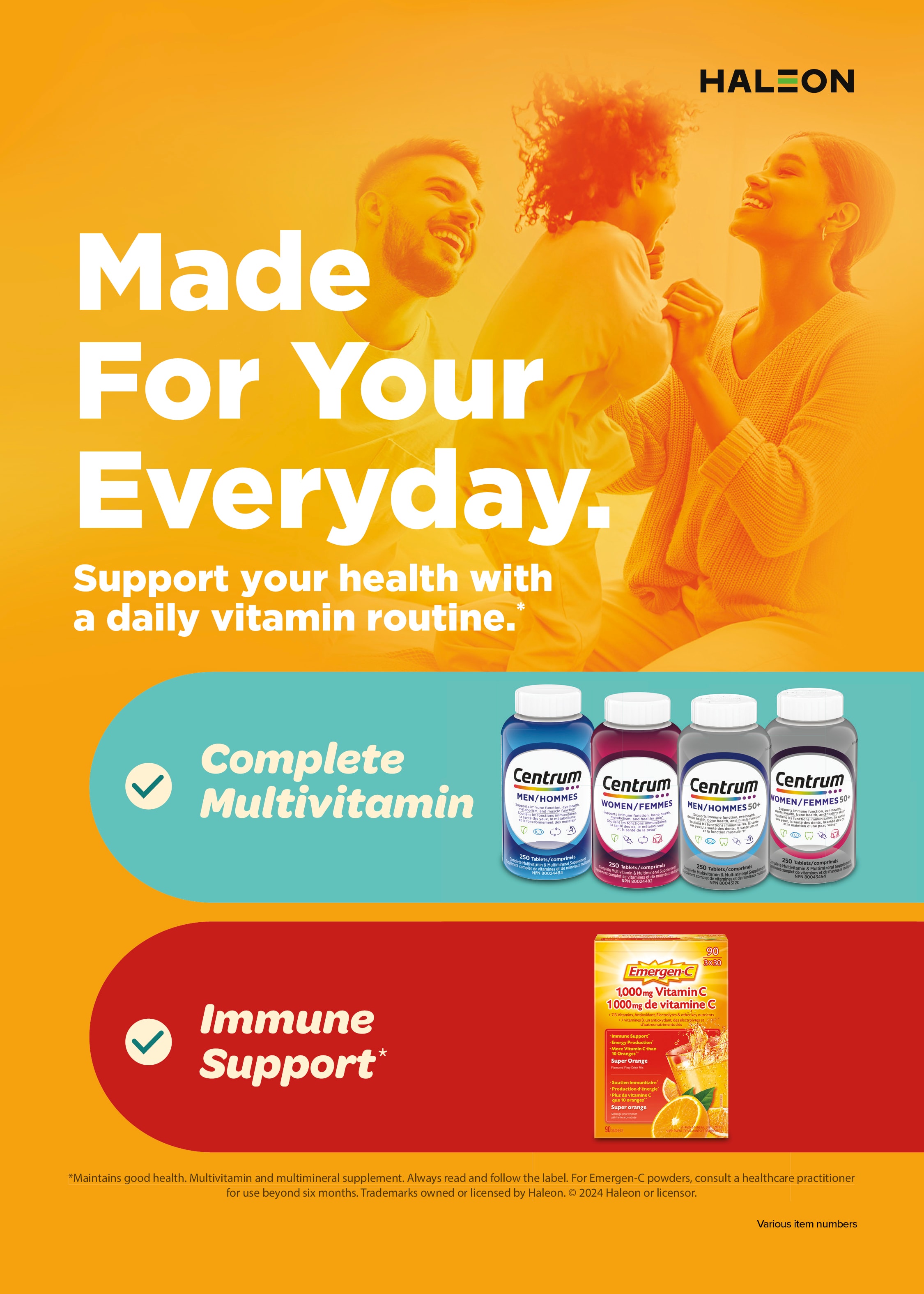 Ad for Halon vitamins, showing bottles and emphasizing daily health with happy people in the background