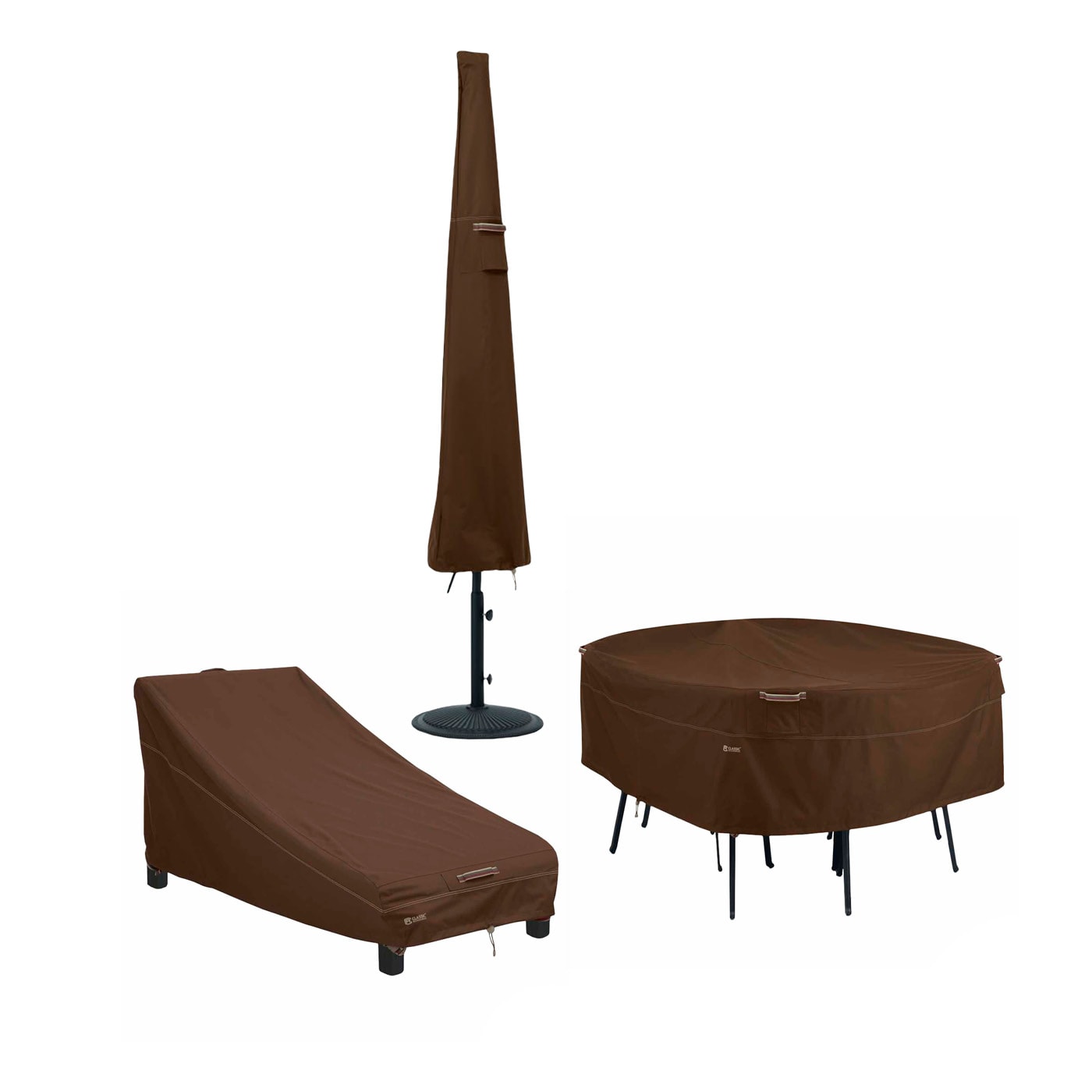 Outdoor furniture covers for a lounge chair, umbrella, and round table