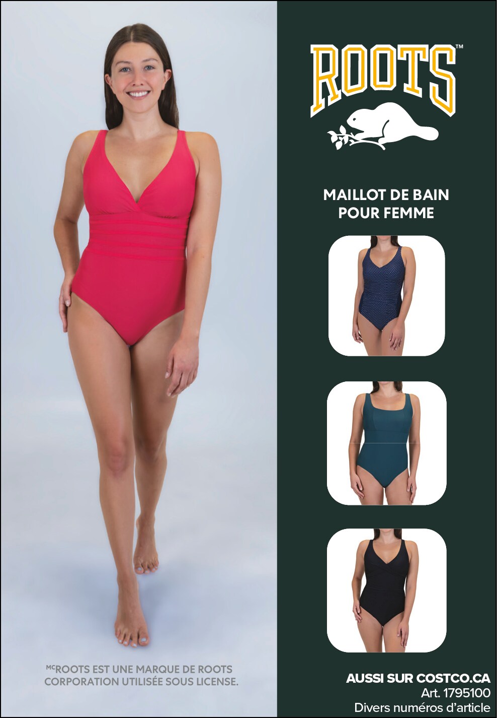 Annonce pour maillots de bain Roots pour femme, modèle en rouge avec options en bleu et noir. Disponibles chez Costco