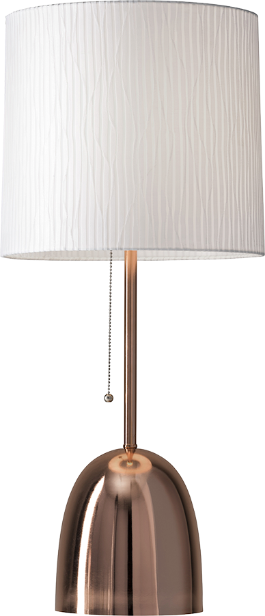 Table lamp with a white textured shade and a shiny copper base