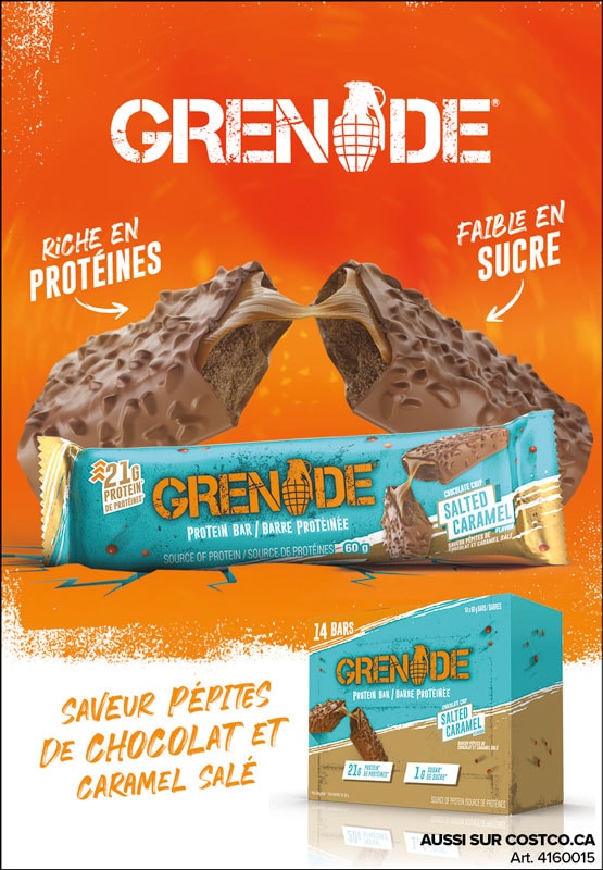 Ad for Grenade protein bars, chocolate chip caramel flavor, highlighting high protein, low sugar content, also available on costco.ca