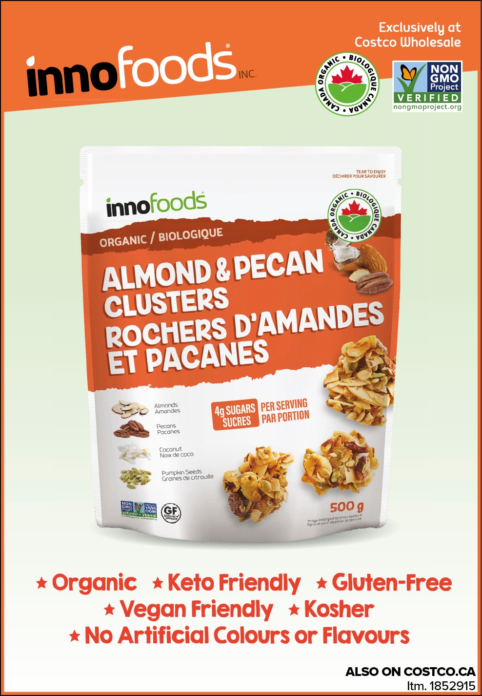 Ad for Innofoods Almond & Pecan Clusters, organic and keto-friendly, available at Costco