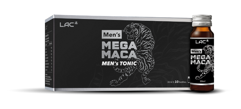 Box and bottle of Men's Mega Maca Man Tonic on a white background