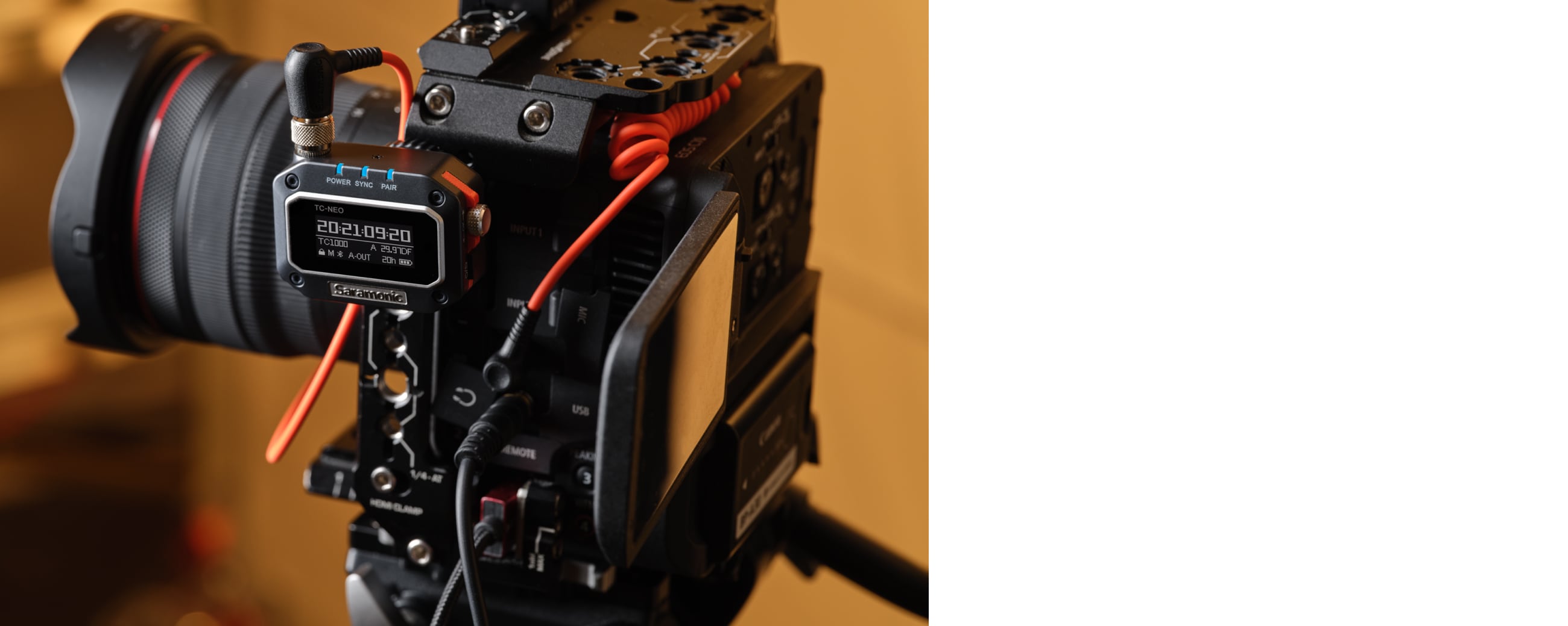 Close-up of a professional video camera on a rig