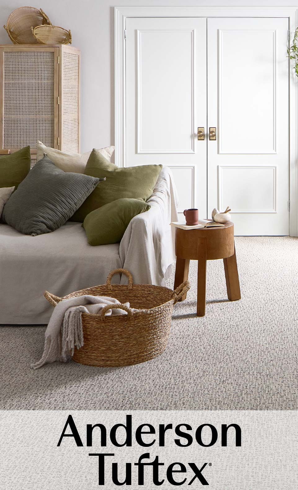 Cozy living room with a sofa, pillows, basket, side table, and textured carpet, labeled "Anderson Tuftex