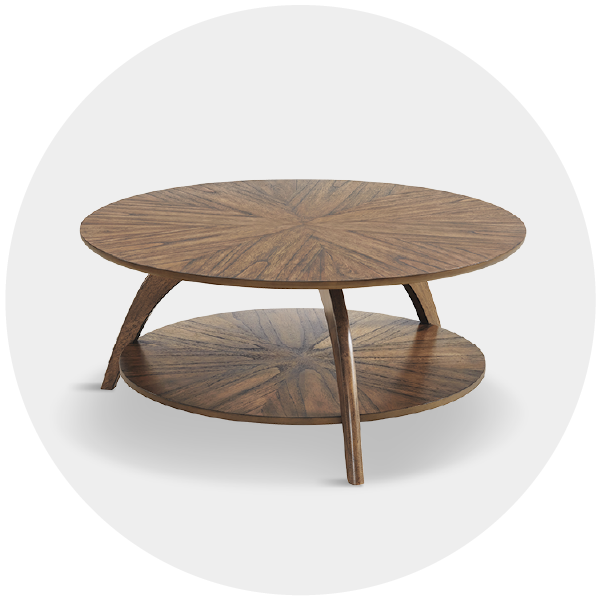Round wooden coffee table with star-shaped top design and lower shelf