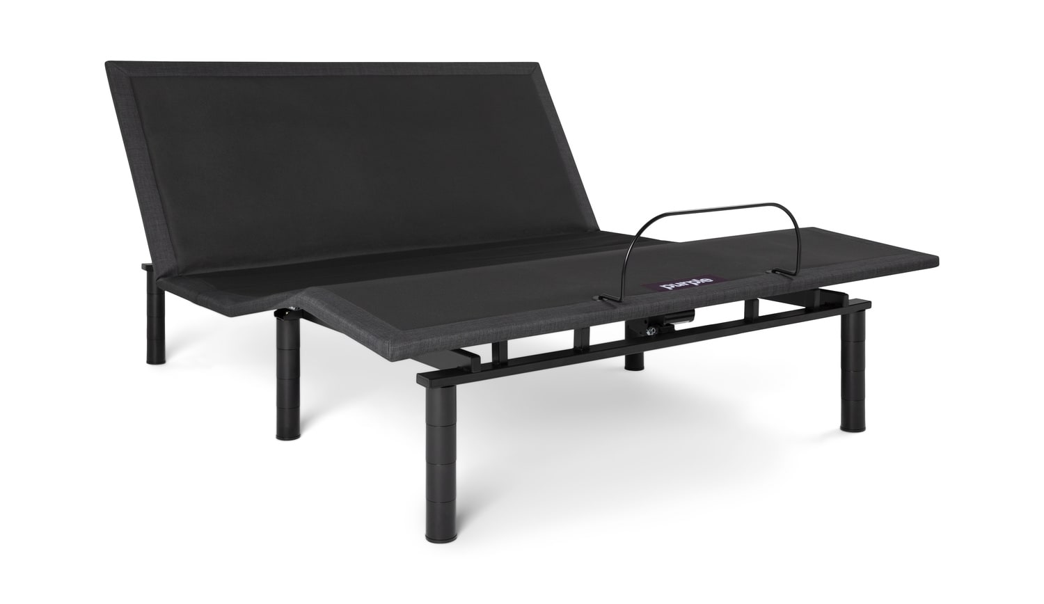 Adjustable black platform bed frame with attached side table on a white background
