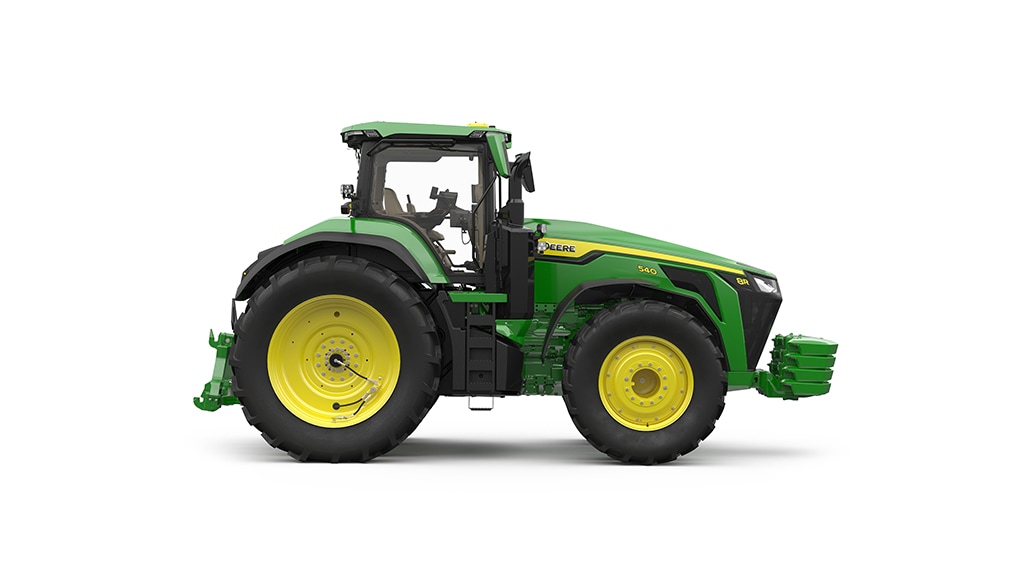 Green tractor with yellow wheels on a white background