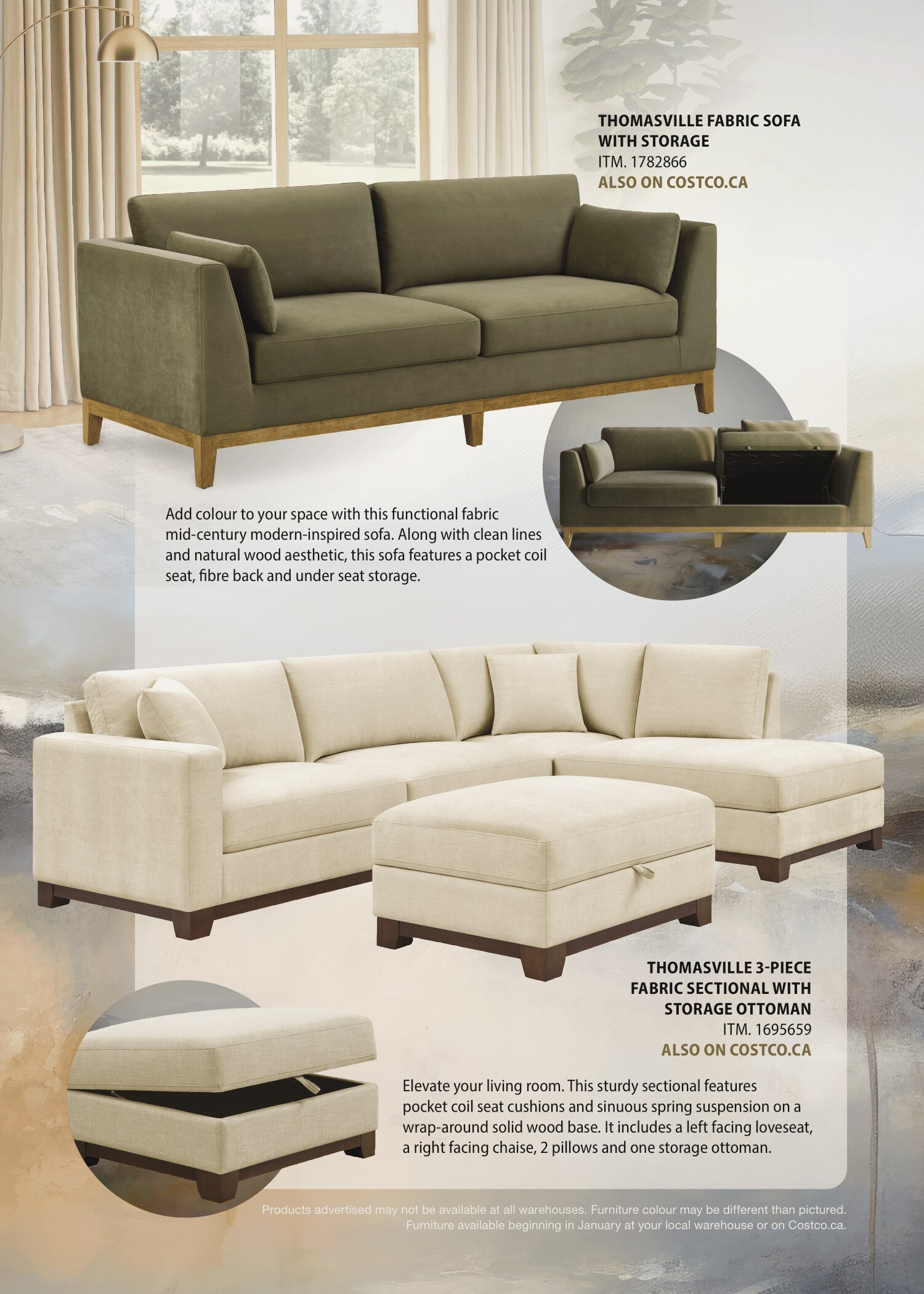 Ad for furniture featuring a green fabric sofa and a white sectional with matching ottoman, set in a stylish interior