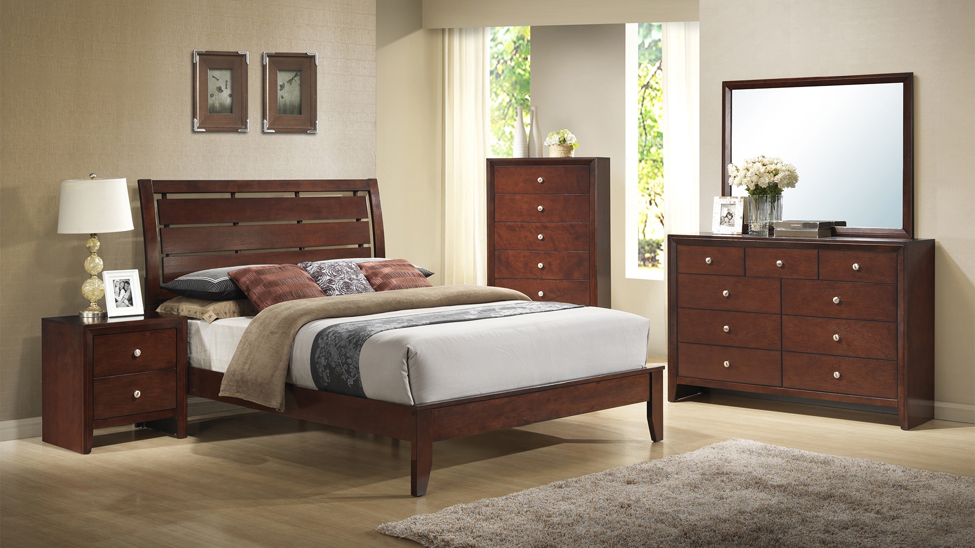 Modern bedroom furniture set with bed, dresser, and nightstands in a well-lit room