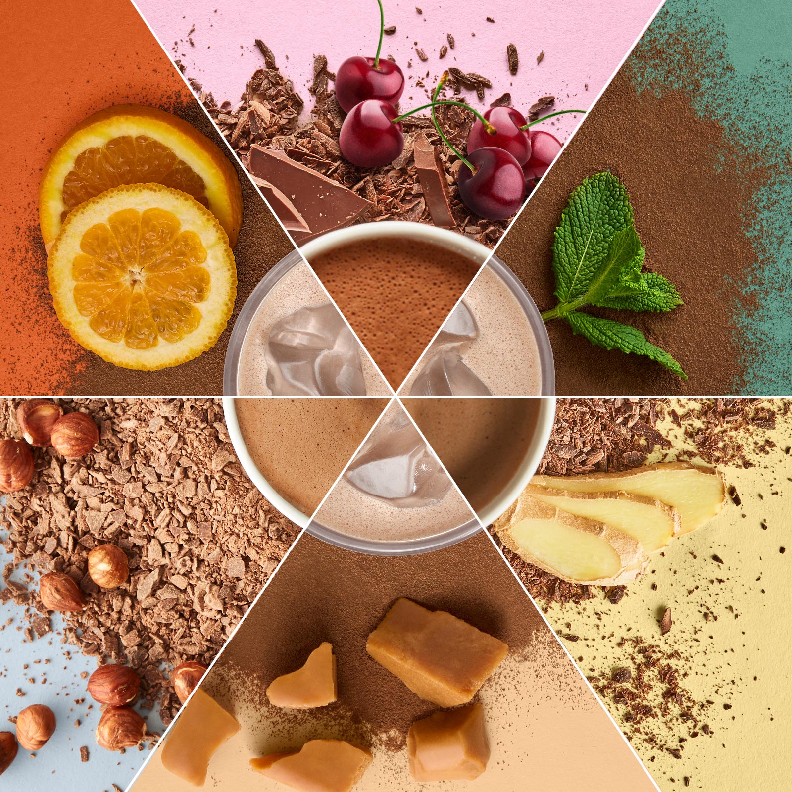 Collage of four food-themed sections including fruits, chocolate, and a martini glass, arranged in a vibrant grid