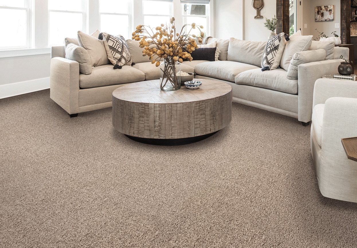 Alt text: A cozy living room with plush beige carpet, white sofas, and a round wooden coffee table with decorative items