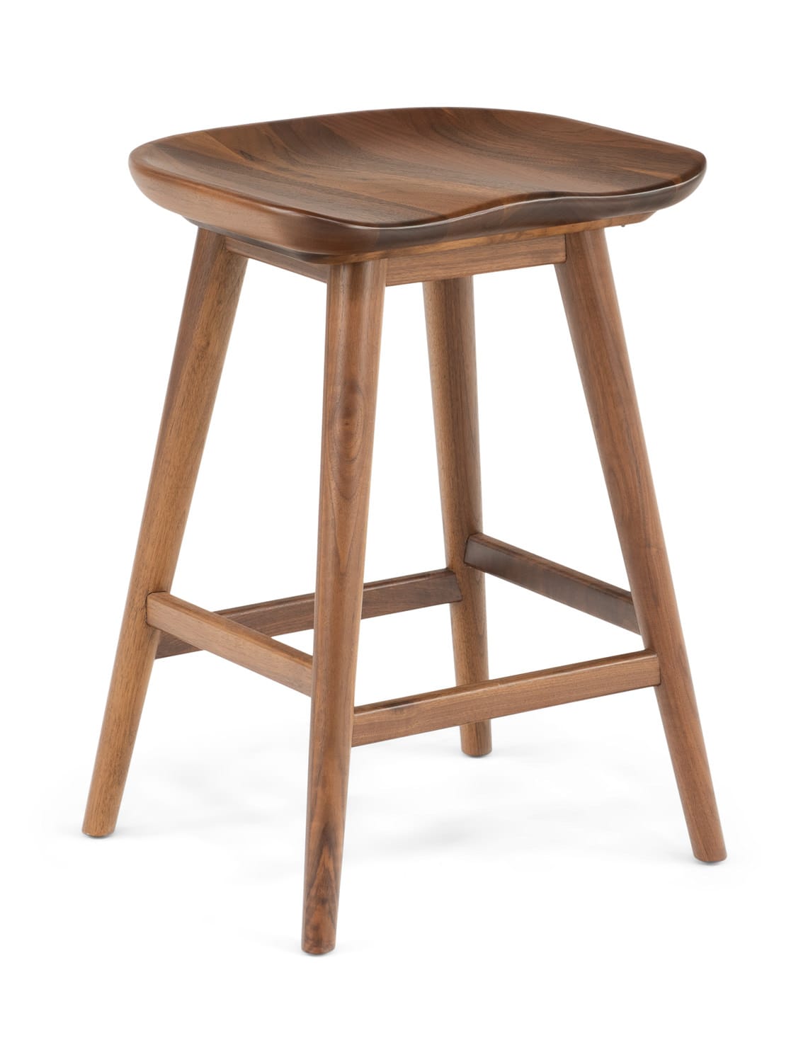 Wooden bar stool with a curved seat on angled legs