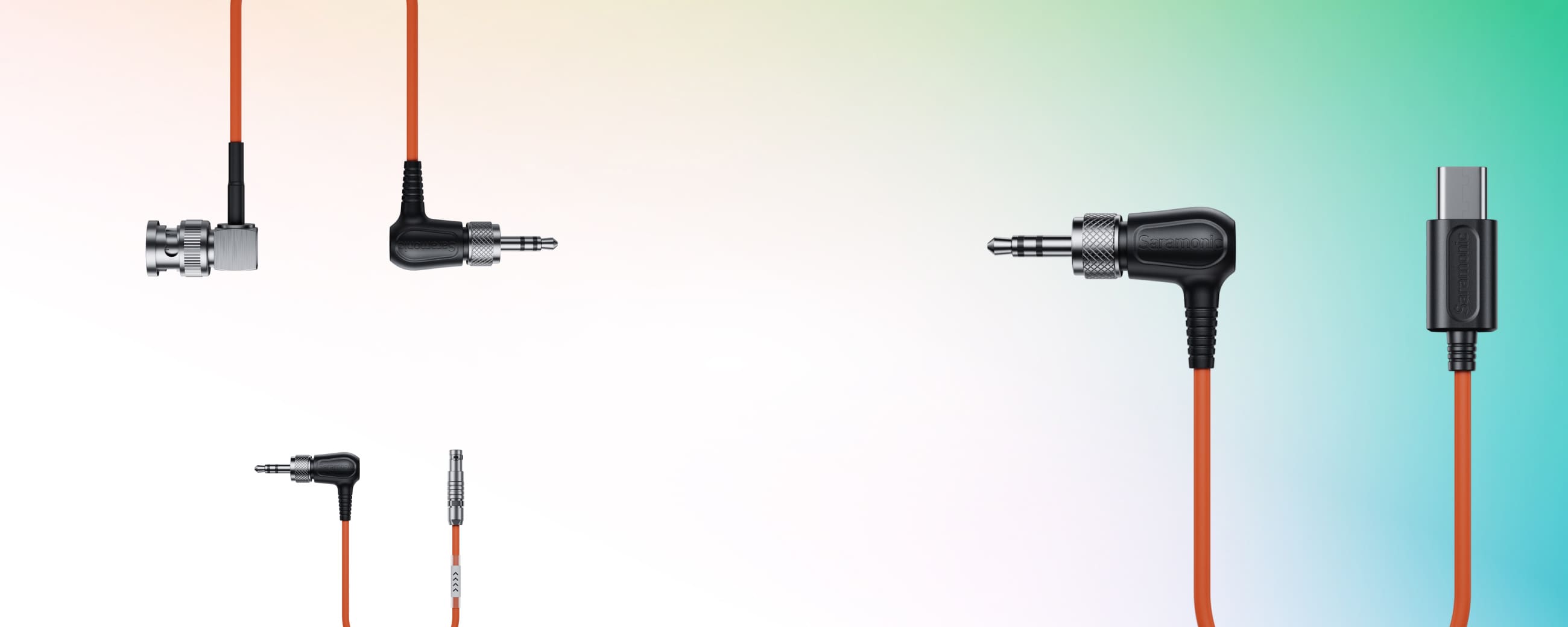 Assorted audio cables and connectors on a gradient background