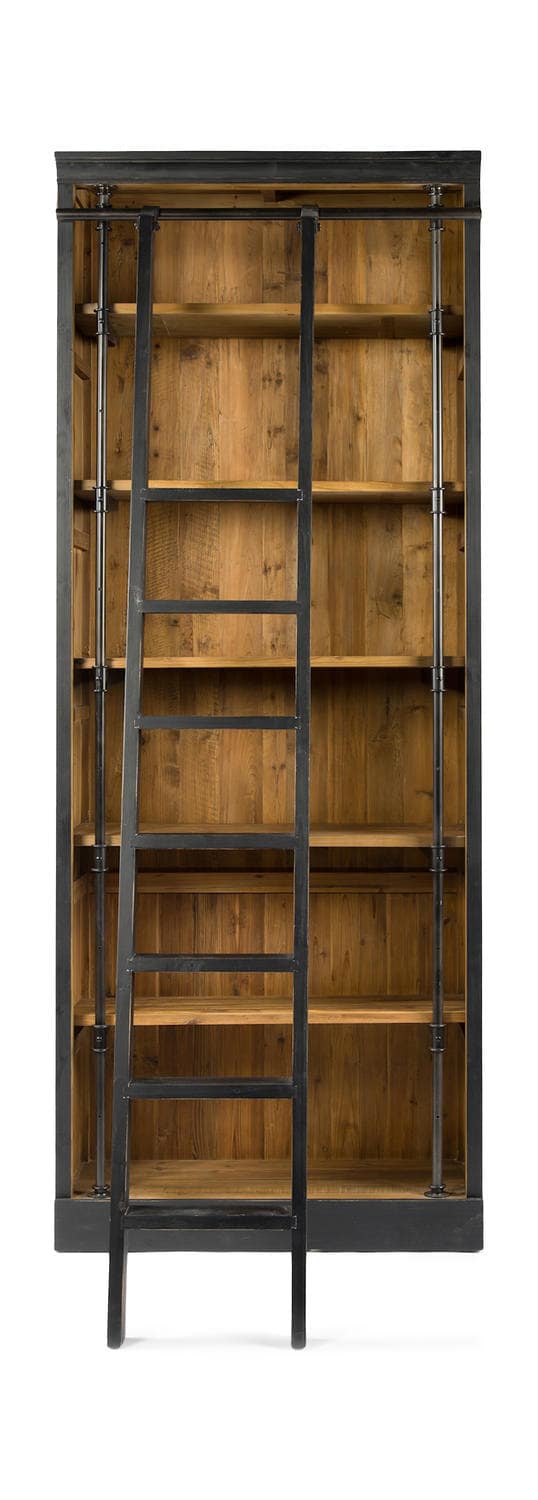 Tall wooden bookshelf with a ladder, enclosed in a metal frame, isolated on a white background