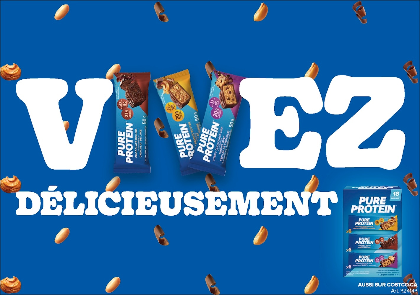 Ad for protein ice cream bars with text "VIVEZ DELICIEUSEMENT" and blue background