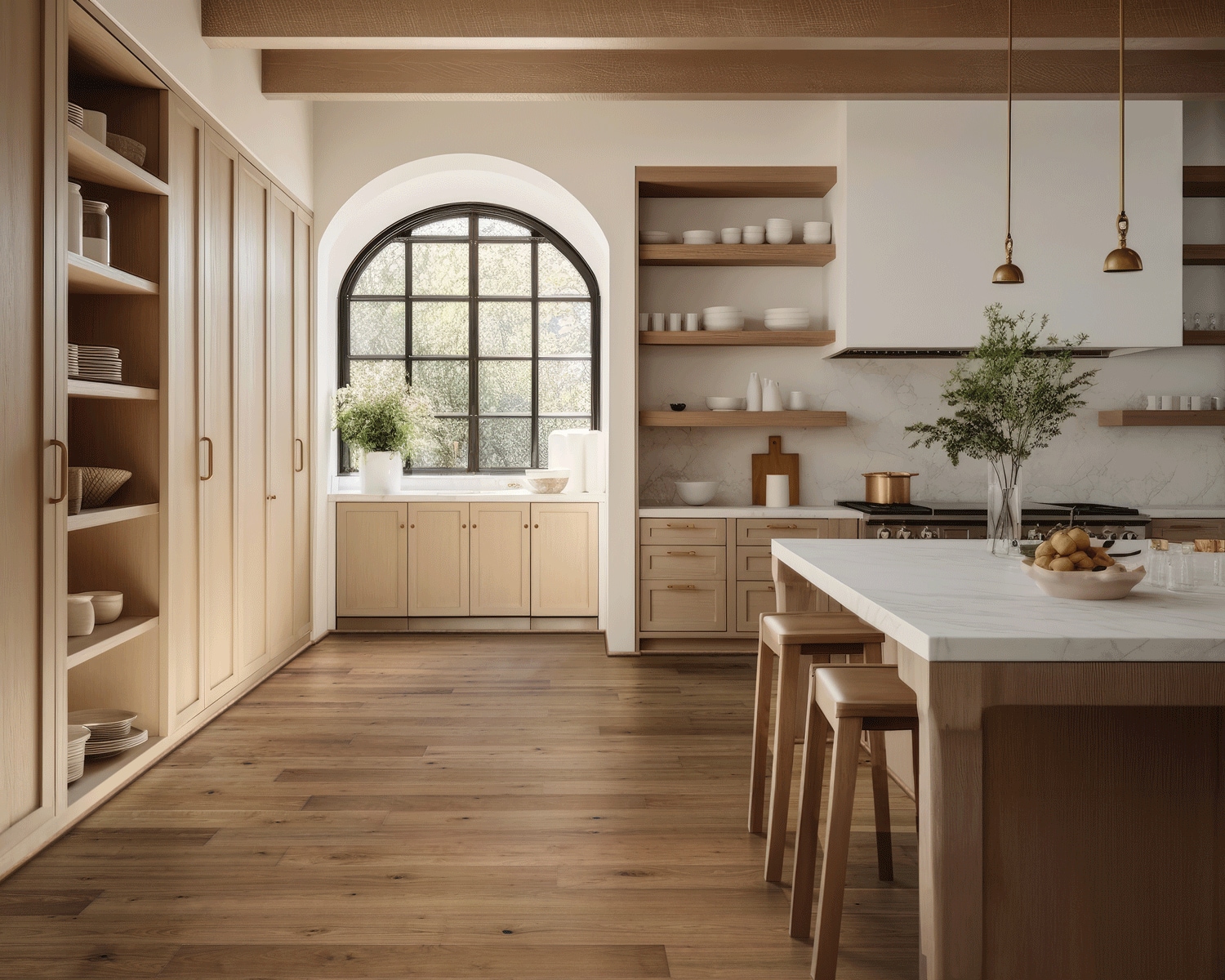 Modern kitchen interior with wooden cabinets, a central island, and an arched window