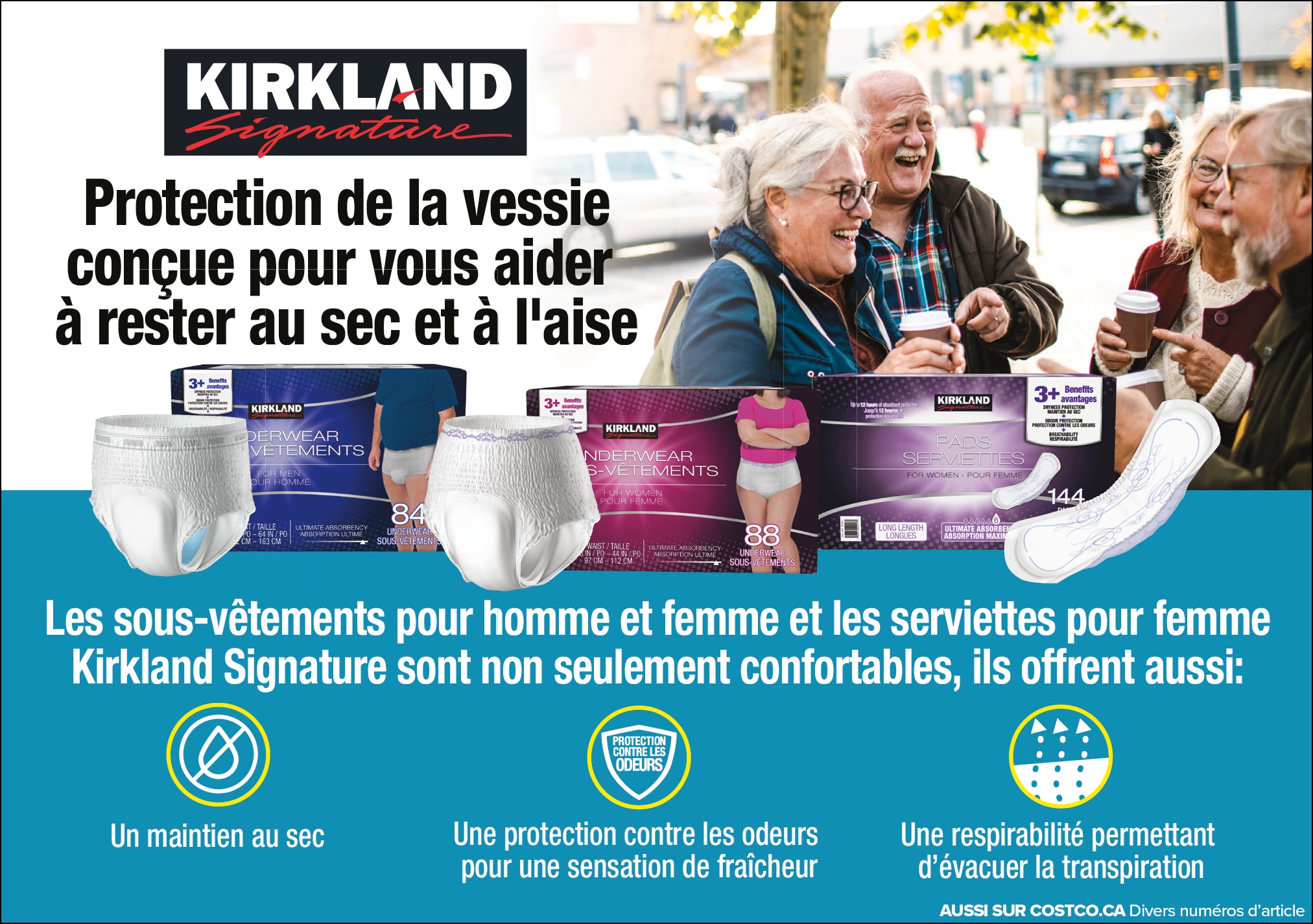 Publicité Kirkland pour sous-vêtements et serviettes hygiéniques avec trois seniors riant autour d'une table