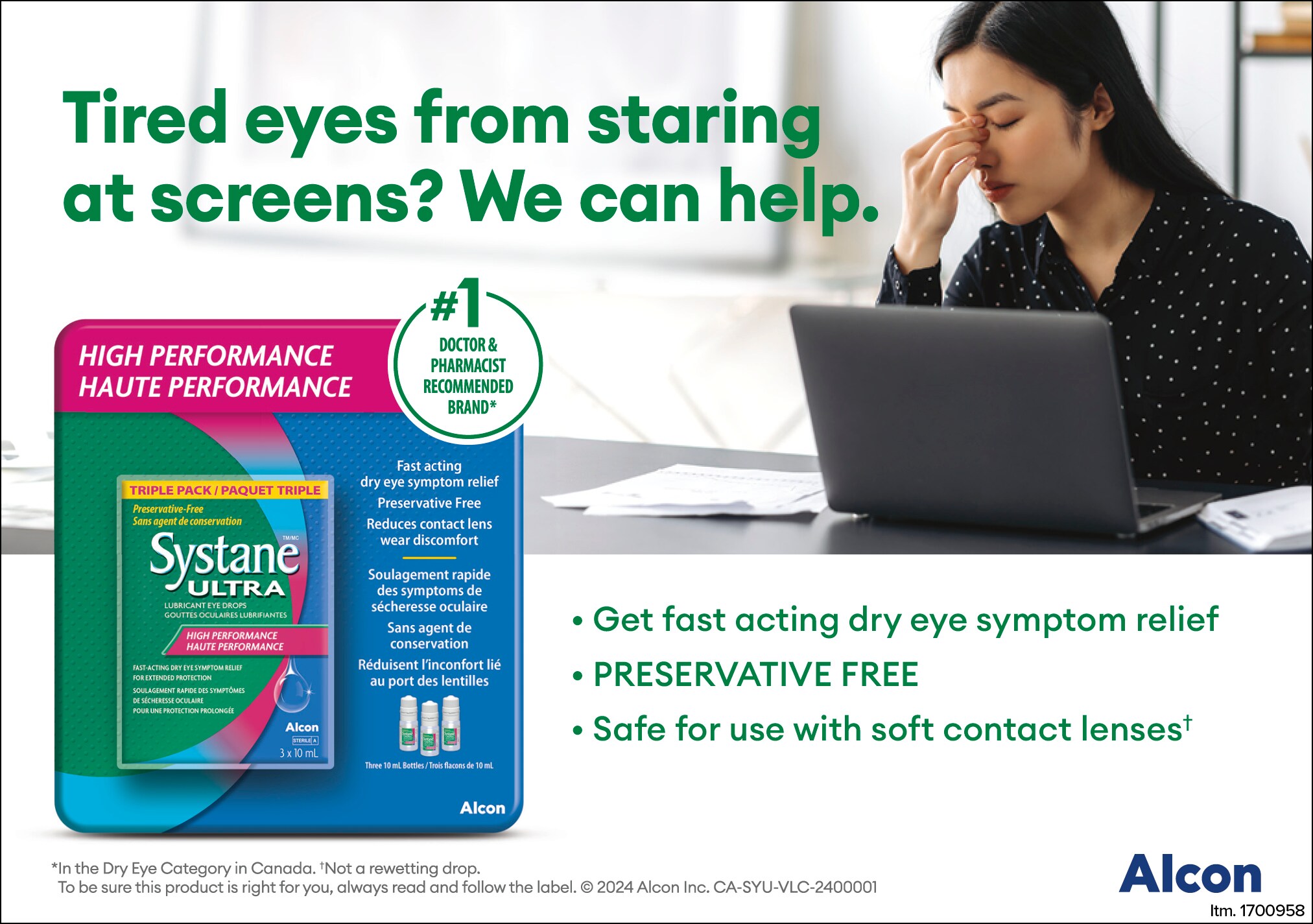 Ad for Systane Ultra eye drops, featuring a woman at a laptop, with product benefits displayed on the left