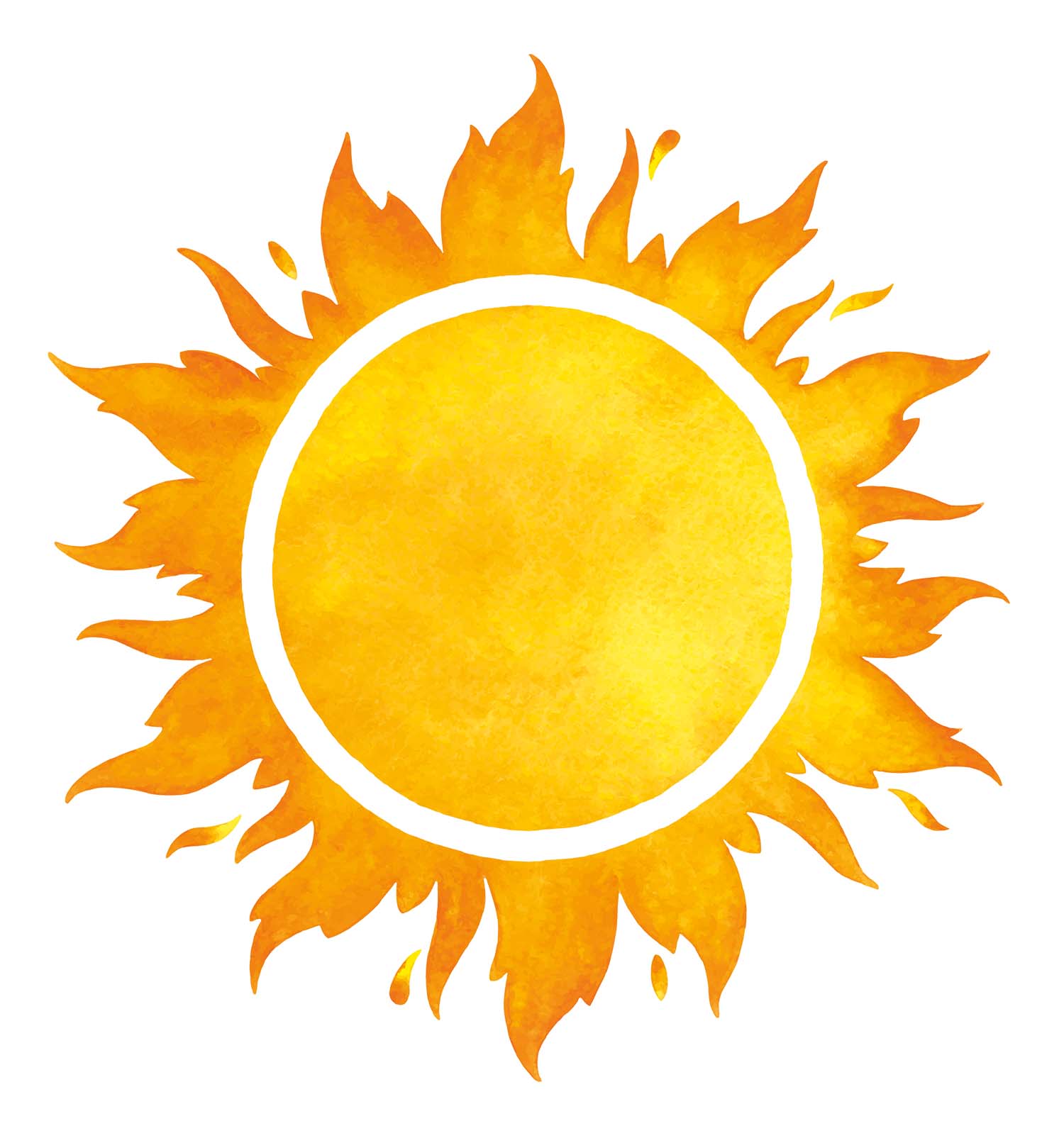 Illustration d'un soleil stylisé en aquarelle jaune-orange