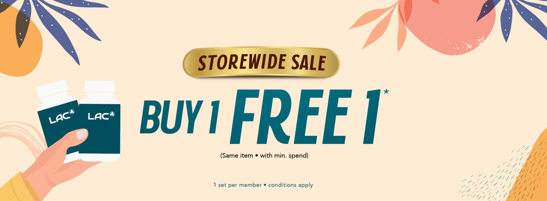 Advertisement for a storewide sale showing a 'Buy 1 Get 1 Free' offer with hands holding a credit card