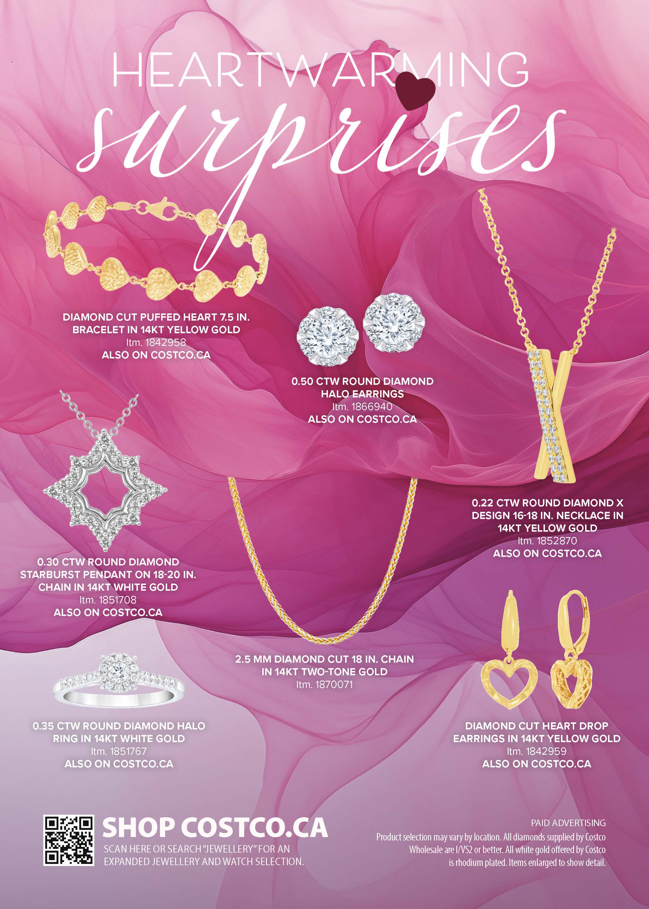 Ad for jewelry at Costco Canada, showcasing various necklaces and earrings on a pink floral background