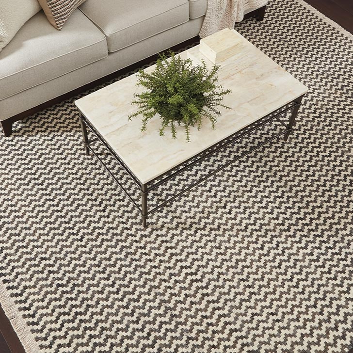 A marble-top coffee table with a plant on it, on a chevron-patterned rug in a living room