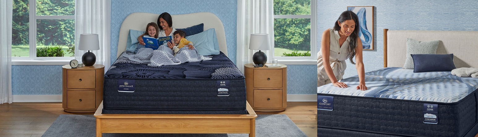 Two scenes showing a woman on mattresses in a bedroom, first lying down relaxing, then measuring the mattress
