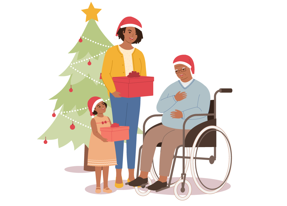 Family giving gifts by Christmas tree.