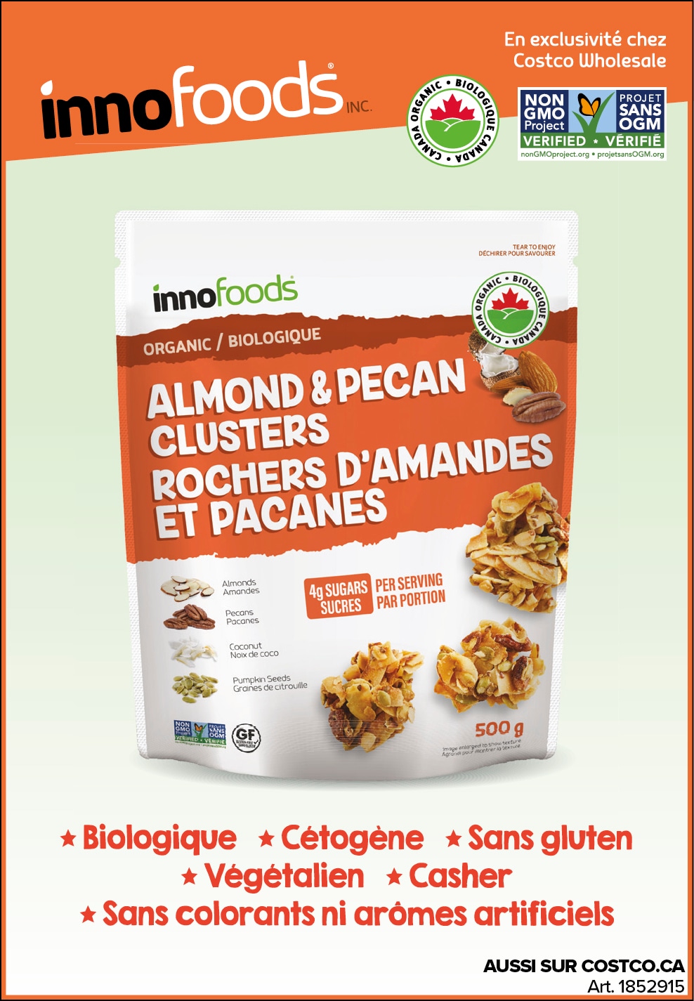 Publicité pour Innofoods Rochers d'amandes et pacanes biologiques, végétaliens, sans gluten, et casher; disponible chez Costco