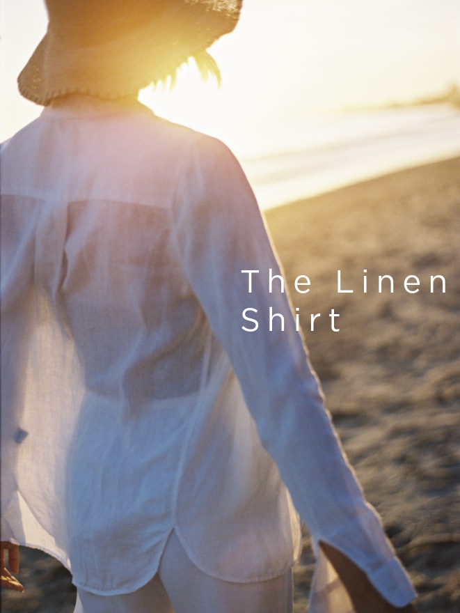 Person in a linen shirt walking on the beach at sunset, text "The Linen Shirt" visible