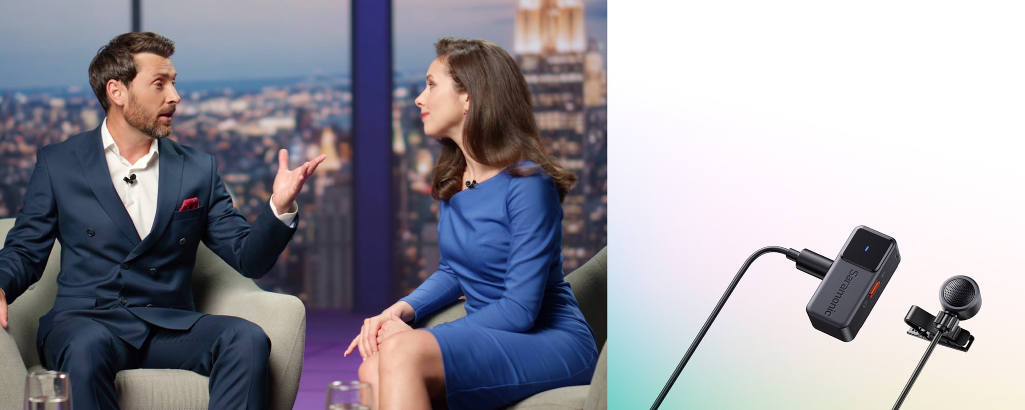 Two people engaged in a discussion on a talk show and a close-up of black wired earphones