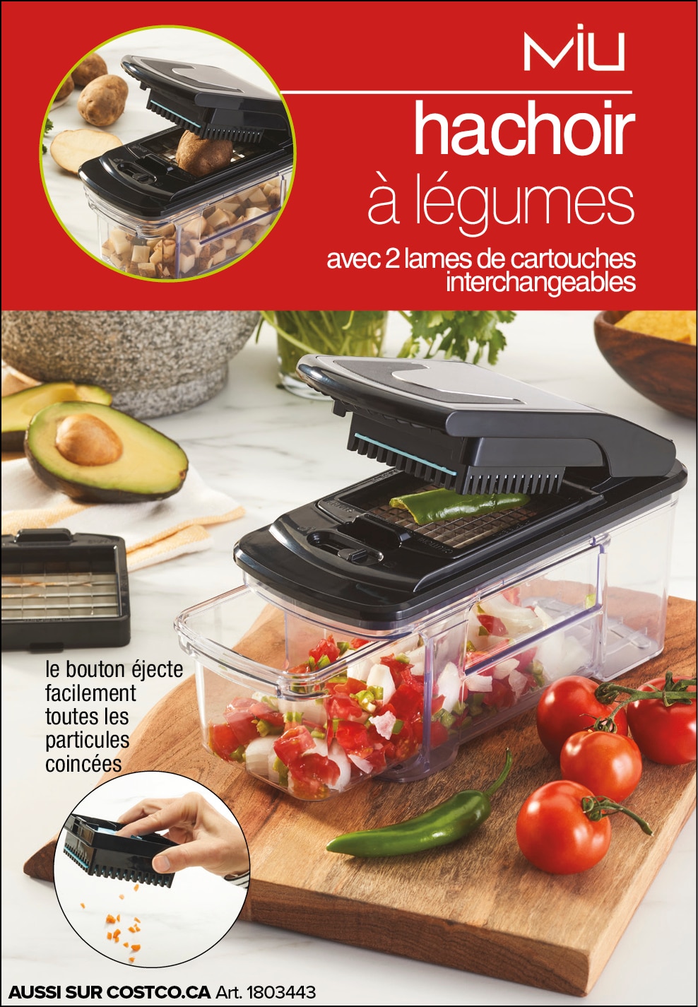 Publicité pour un hachoir à légumes MIU avec lames interchangeables, coupe de légumes visible