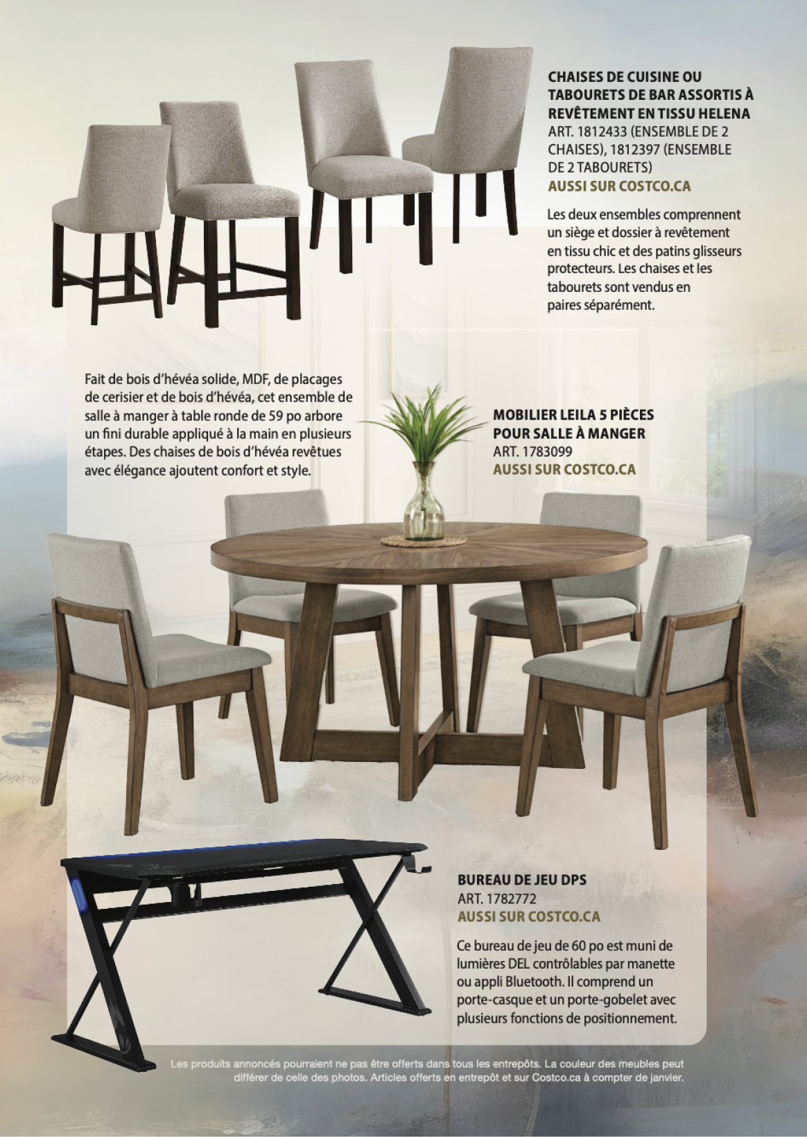 Publicité pour divers meubles modernes incluant tables, chaises et bancs en milieu élégant