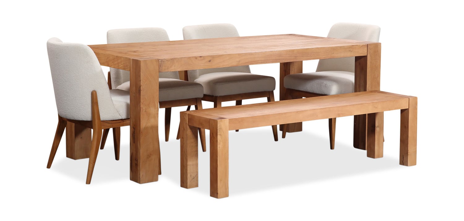 Modern wooden dining table set with four chairs and a bench