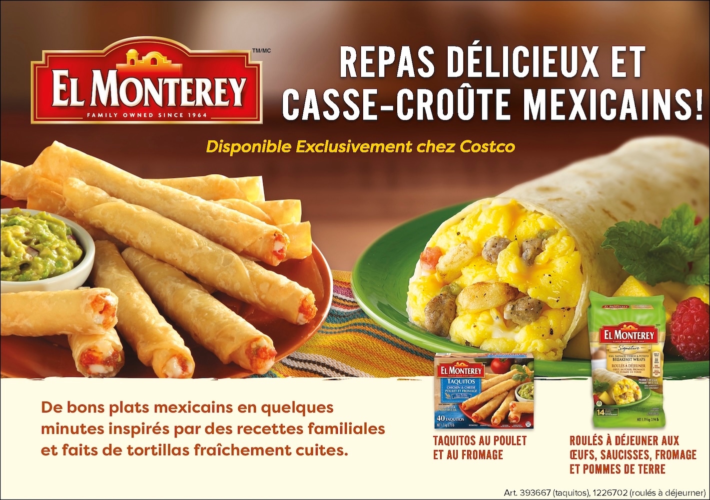 Ad for El Monterey Mexican meals featuring taquitos and burritos, available exclusively at Costco