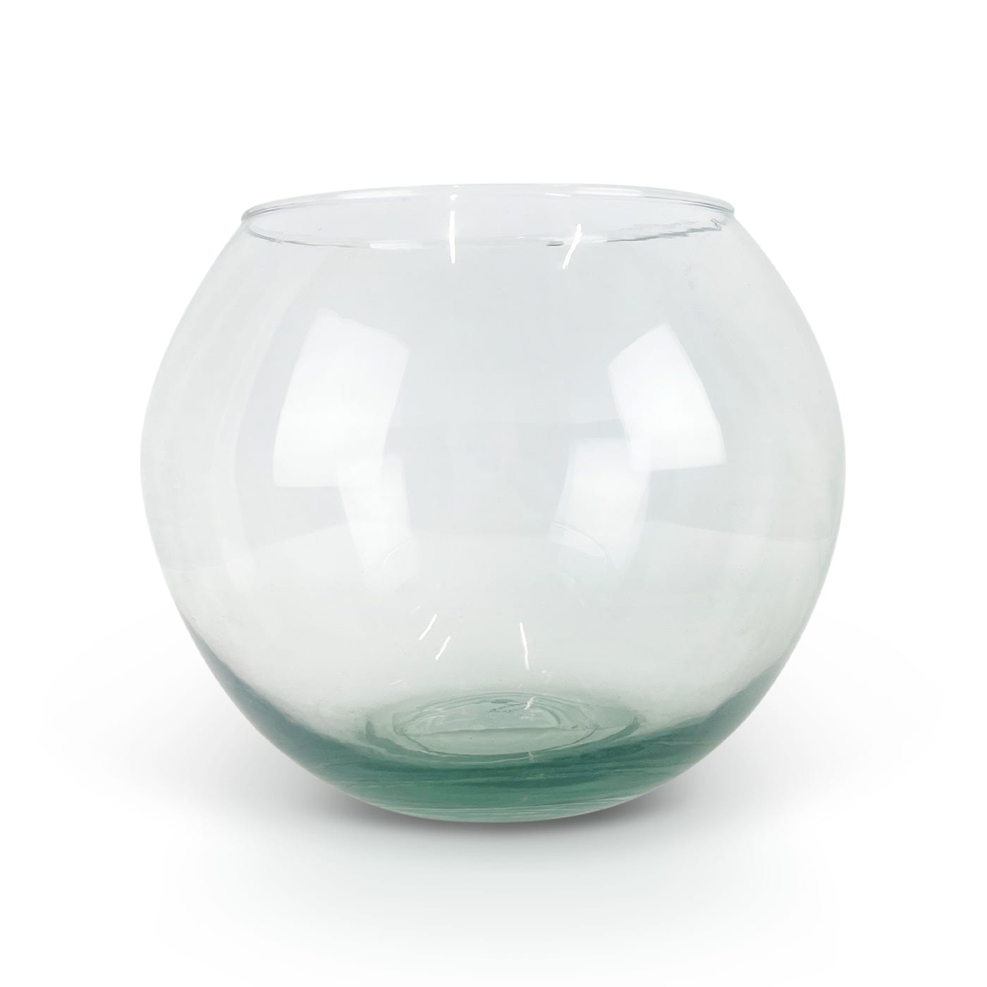 Empty clear glass round bowl on a white background